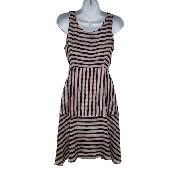 Theory Silk Mini Dress Size 0 Sleeveless Tiered Striped Pink Black Party Chic - Picture 2 of 9